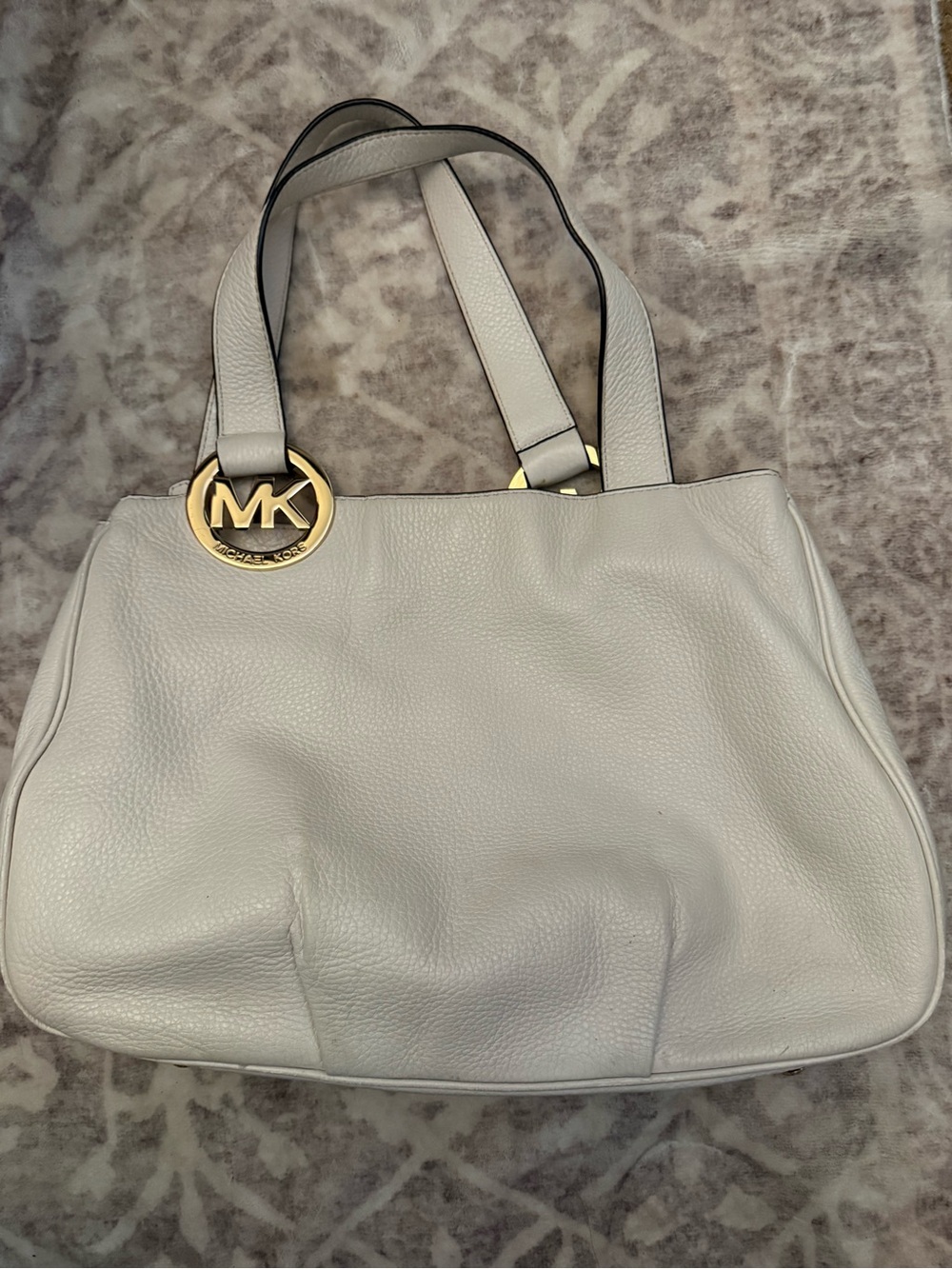 Michael Kors Ivory Cream Pebbled Leather Tote Shoulder Bag Gold MK Logo